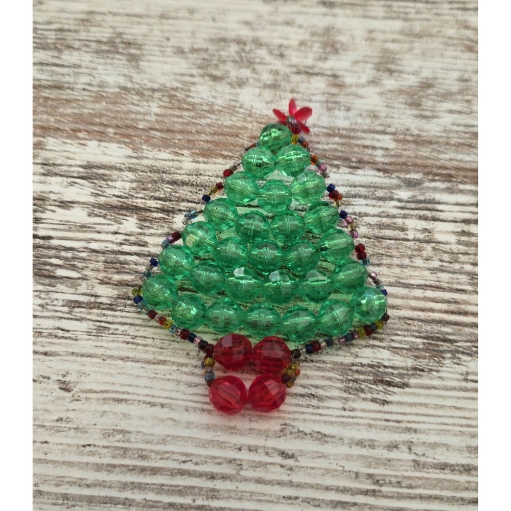 Handmade Beaded Christmas Tree Ornament Brooch Green Red Crystal Beads Vintage